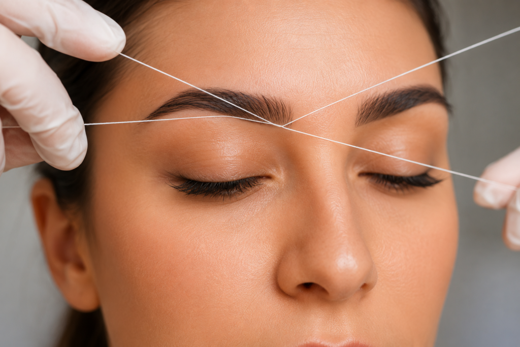 Threading behandeling voor perfect gevormde wenkbrauwen en een gladde huid bij Salon Pari in Heerlen.